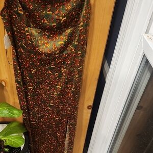 Urban Outfitters Olive Green Satin Maxi Slip Dress with Rust Floral Print